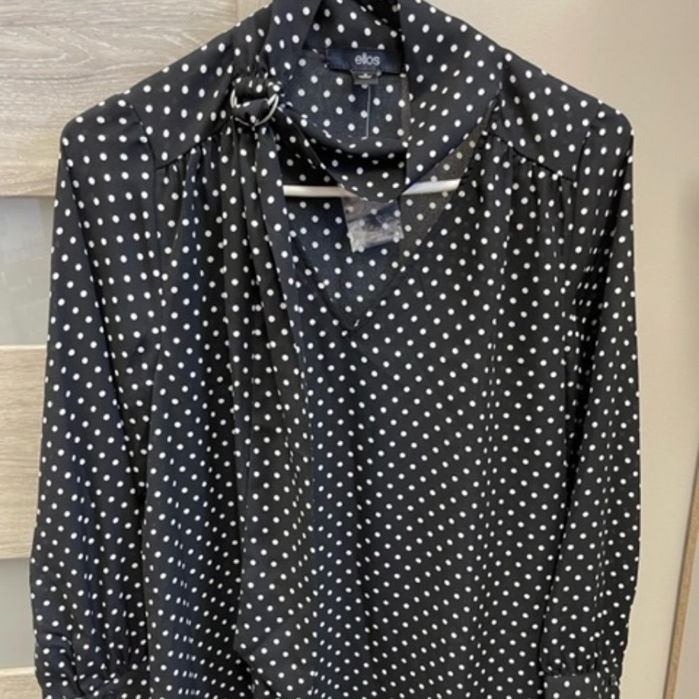 ELLOS Polka Dots Blouse With Metal Buckle Collar. Size 10
